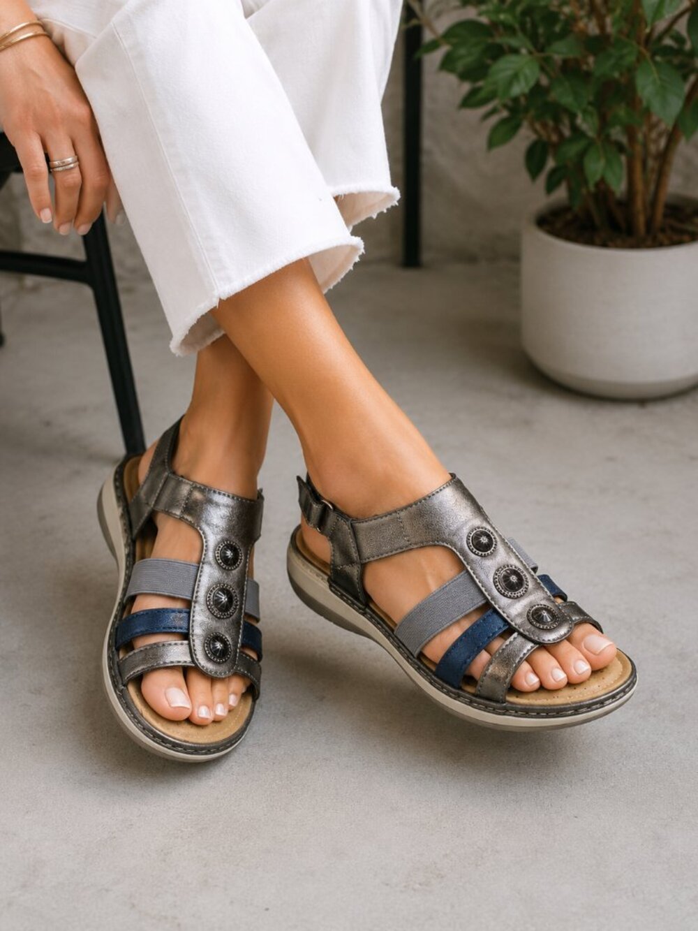 Judith Women's Comfort Metallic Gray Gladiator Sandals Hook & Loop Cushioned